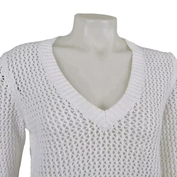 Tommy Hilfiger Open Knit Sweater White V-Neck Sheer  Cotton Size Large - Picture 2 of 8